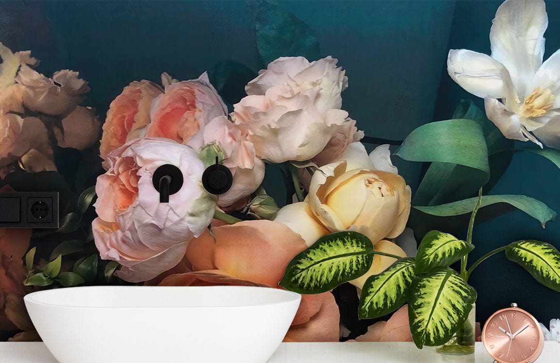 Elegant floral wallpaper in pastel shades behind white basin; modern bathroom Décor.
