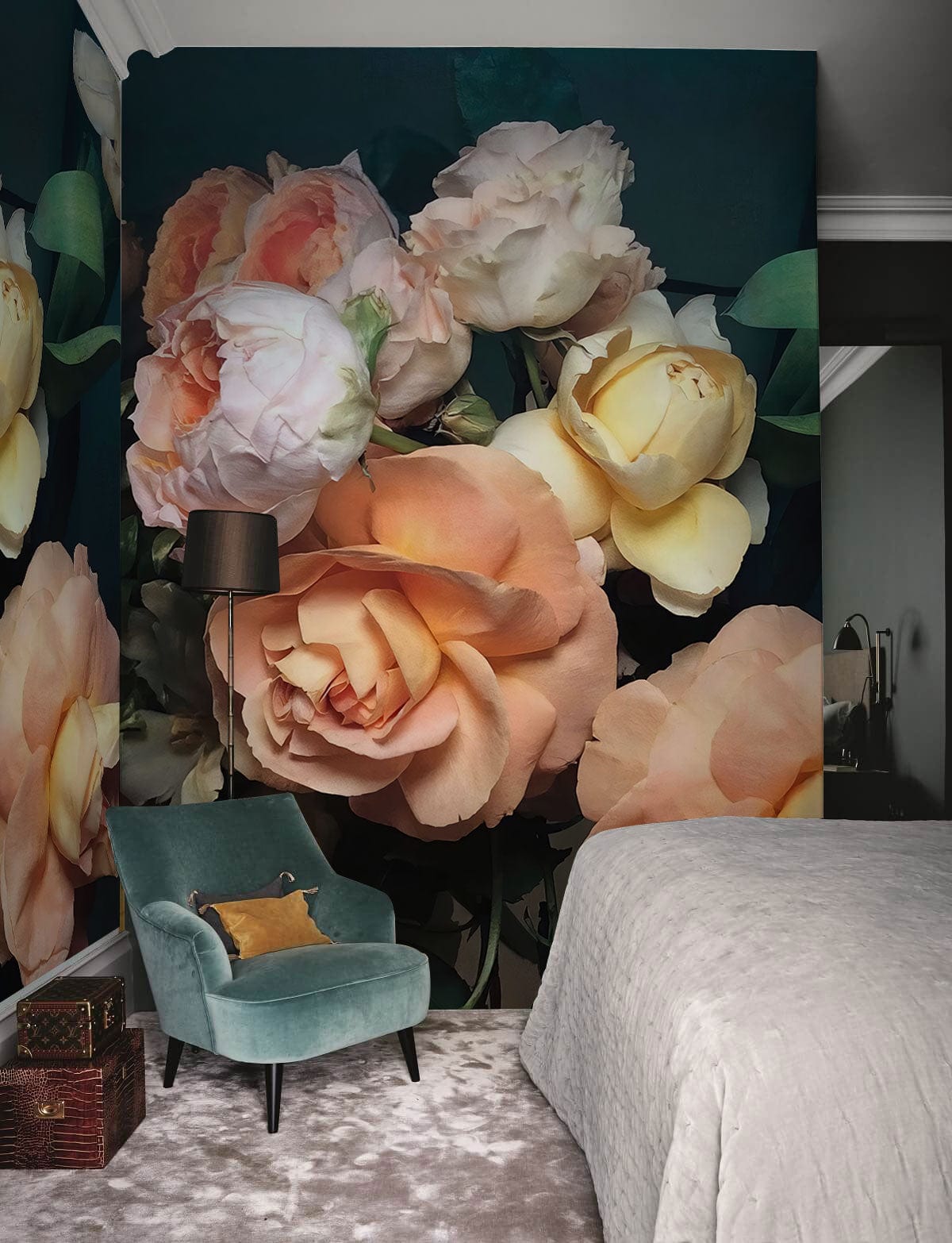 Elegant vintage floral wallpaper in soft pastels, light blue velvet chair, grey bed, plush carpet.