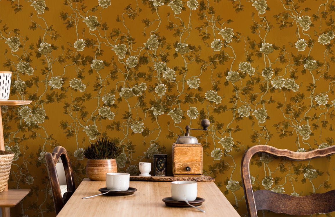 Vintage Floral Vines Wallpaper, rich gold and green, dining room, wooden table, elegant chairs, vintage style.