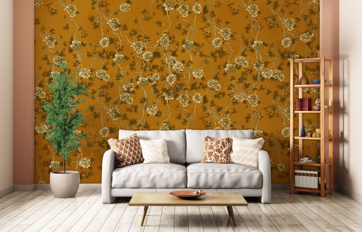Vintage Floral Vines wallpaper in gold and green, featuring a white sofa, wooden shelving, and flooring.
