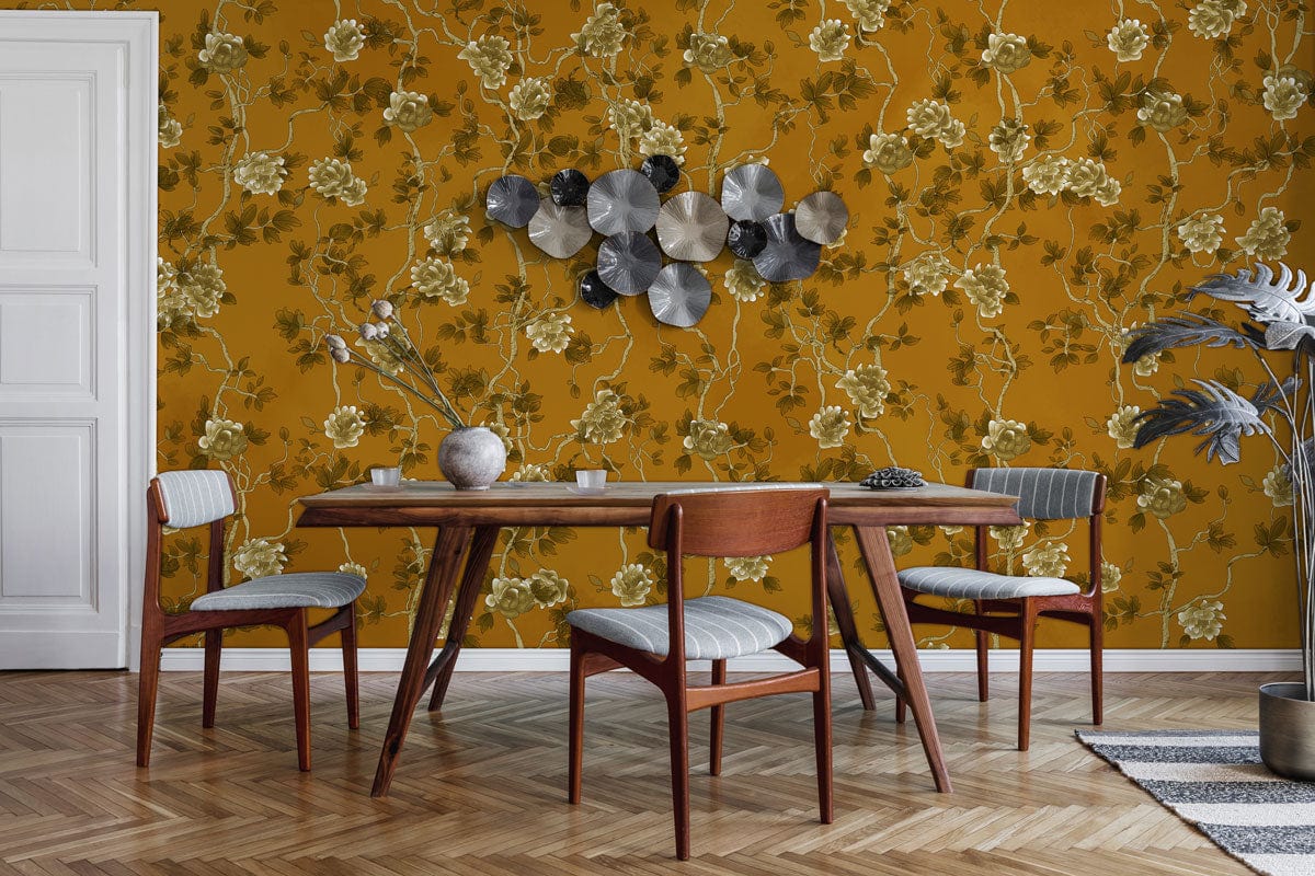 Vintage floral wallpaper in gold and green, mid-century dining set, parquet flooring, artistic wall decor.