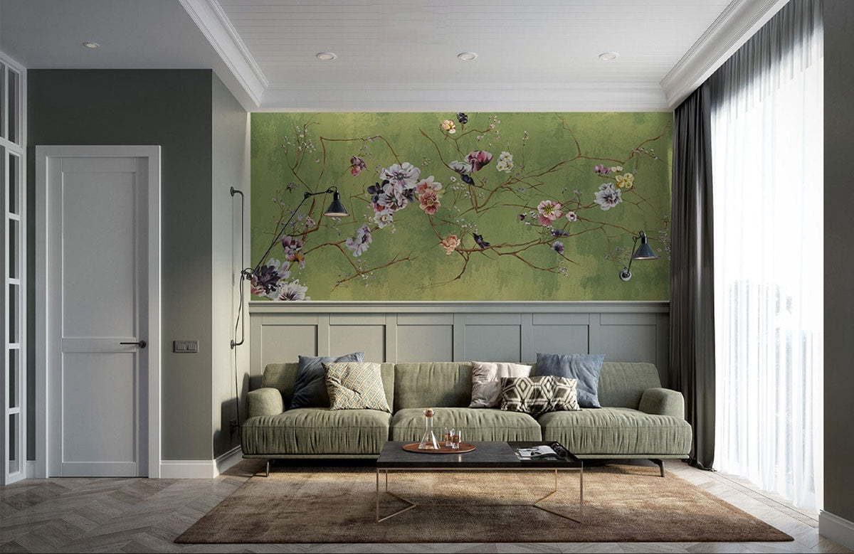 Elegant green floral mural wallpaper, vintage blossoms, in living room with green sofa, parquet flooring.