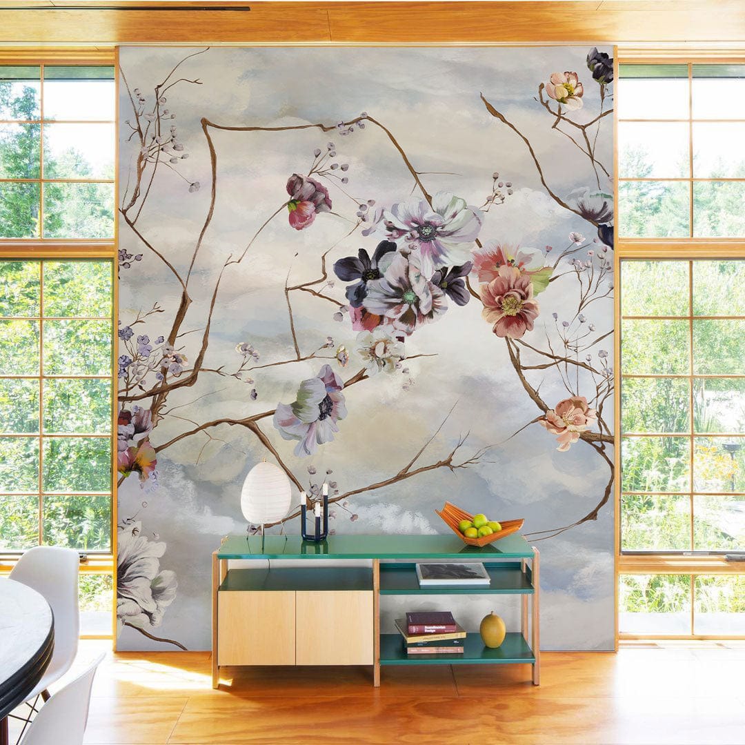 Serene Sky Floral Mural Wallpaper in lounge, wooden flooring, modern console table, large windows view.