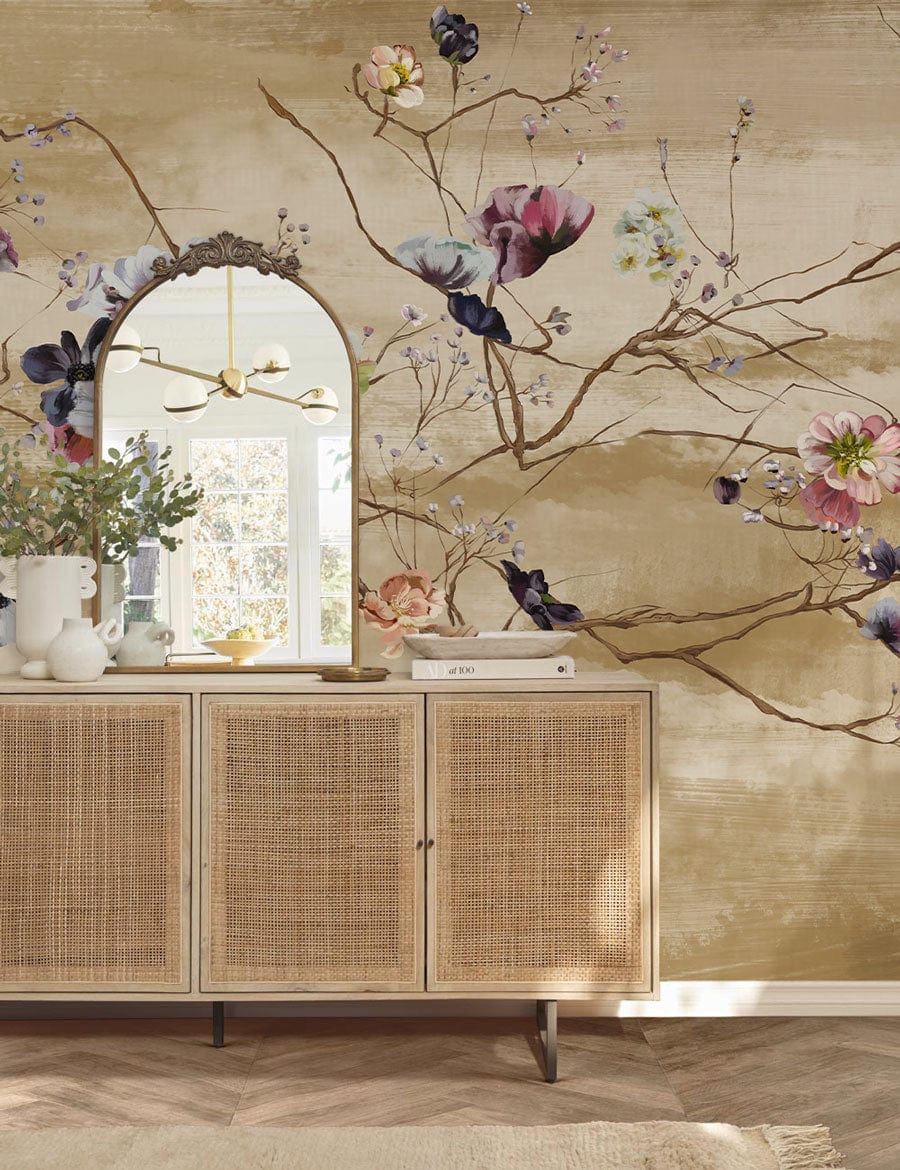 Elegant Vintage Floral Mural Wallpaper, earth tones, branch design, wooden cabinet, mirror, living room.