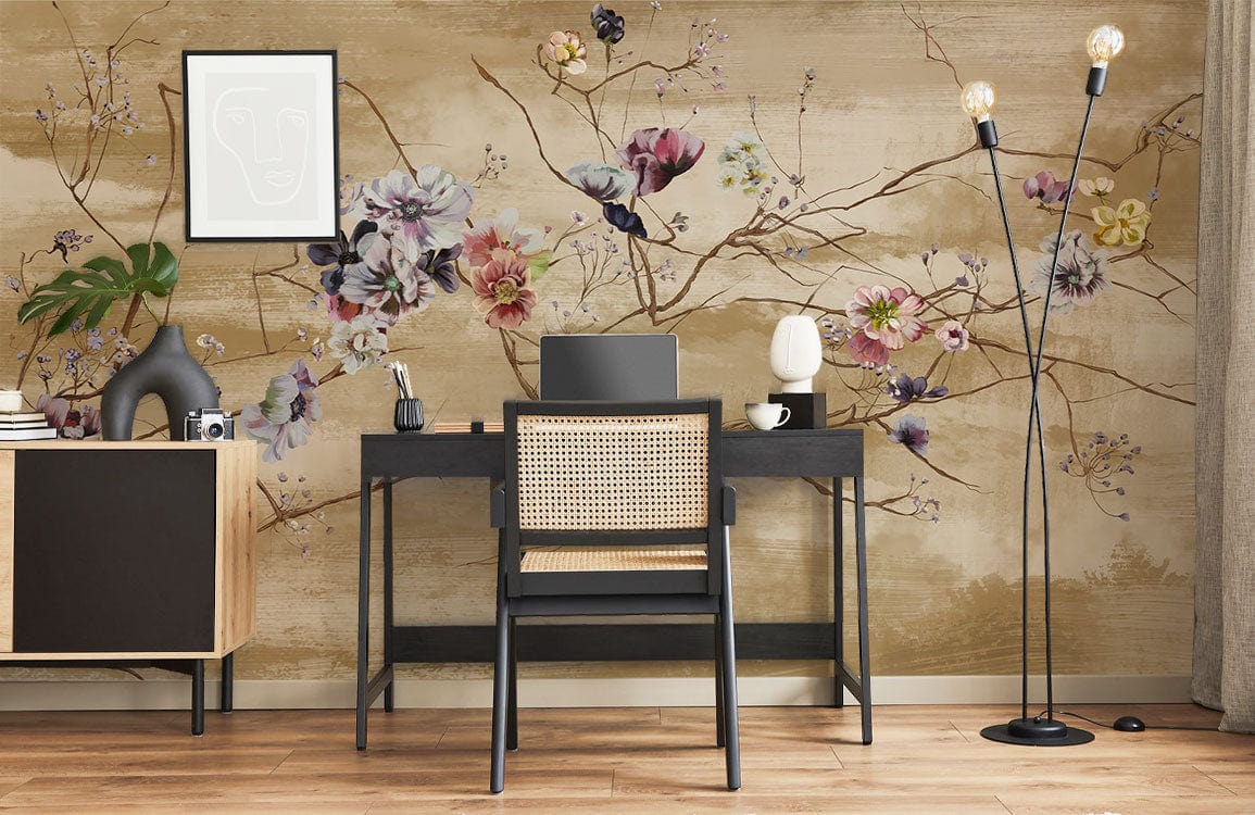 Elegant Vintage Floral Mural Wallpaper in home office with black desk, chair, floor lamp, and wood flooring.