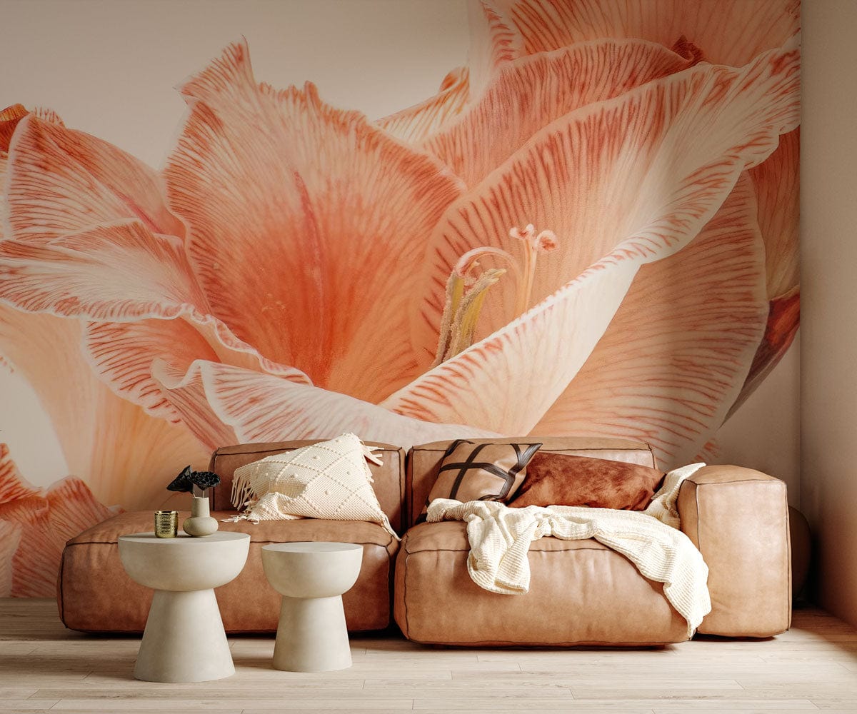 Elegant peach floral wallpaper with beige sofa, modern side tables, and wooden flooring in living room.