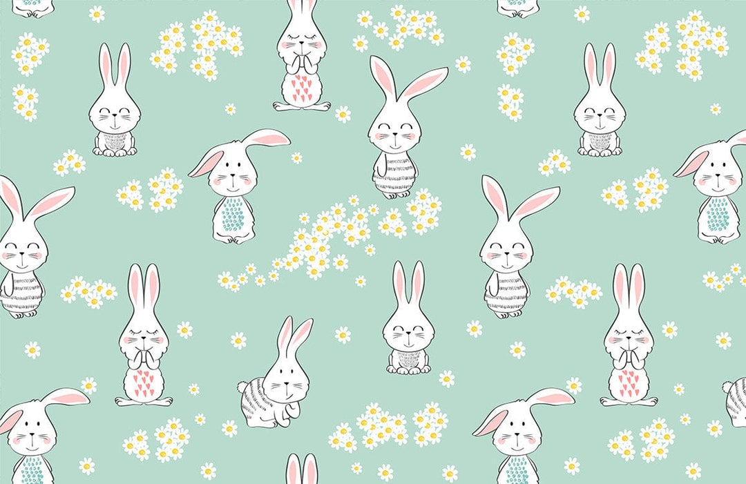 Whimsical Pastel Green Bunny and Daisy Children's Bedroom Wallpaper Mural.