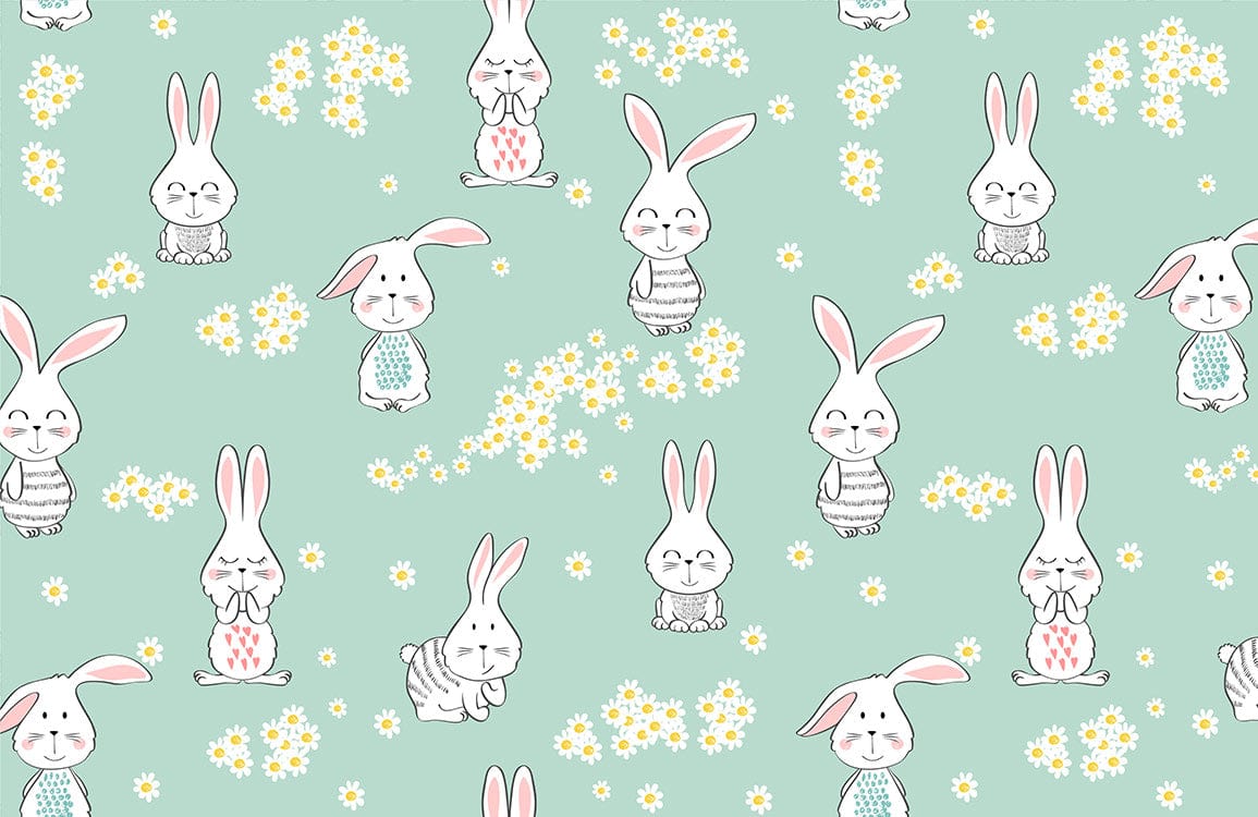 Whimsical Pastel Green Bunny and Daisy Children's Bedroom Wallpaper Mural.