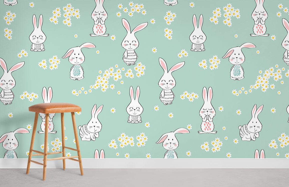 Whimsical pastel green wallpaper mural with bunnies, daisies, light orange wooden stool, children's bedroom.