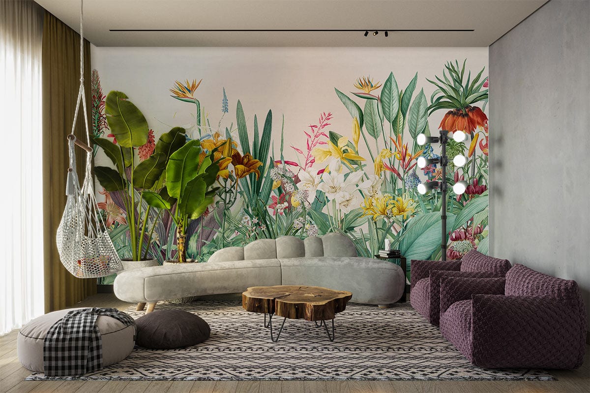 Tropical Garden mural wallpaper, grey sofa, hanging chair, wooden table in vibrant living room setting.