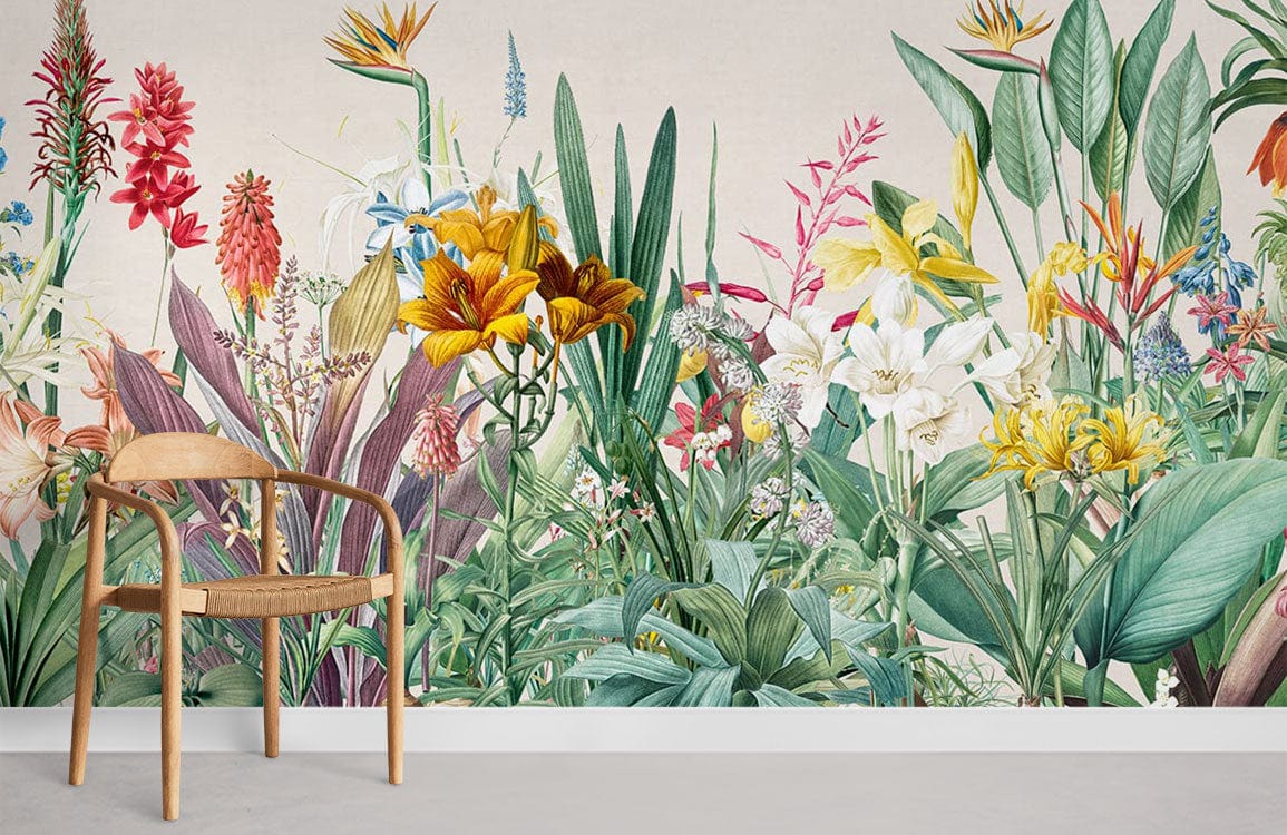 Tropical garden wallpaper in vibrant botanical design, wooden chair, neutral painted wall, minimalist room.