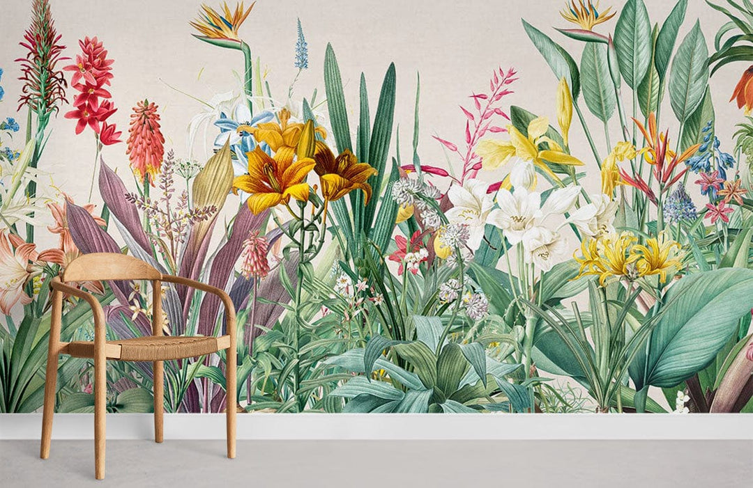 Tropical garden wallpaper in vibrant botanical design, wooden chair, neutral painted wall, minimalist room.