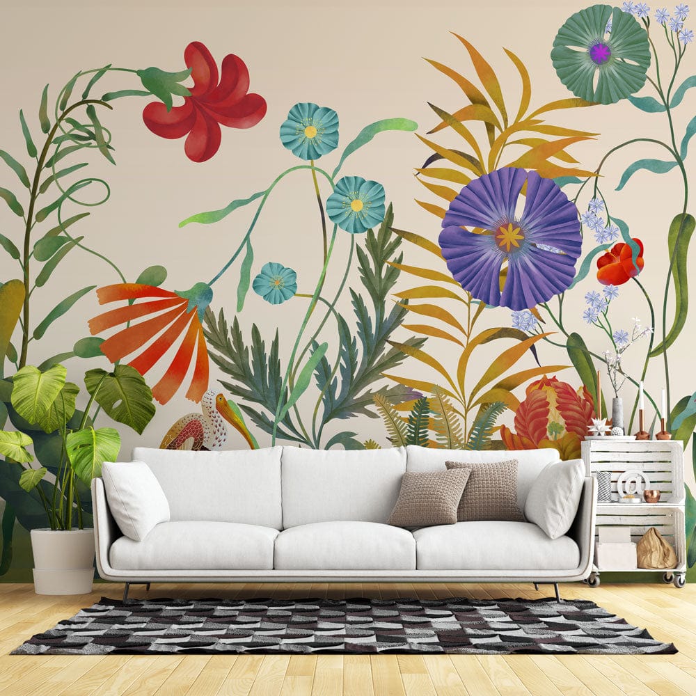 Botanical Garden Delight floral wallpaper with earthy tones in living room, white sofa, geometric rug.