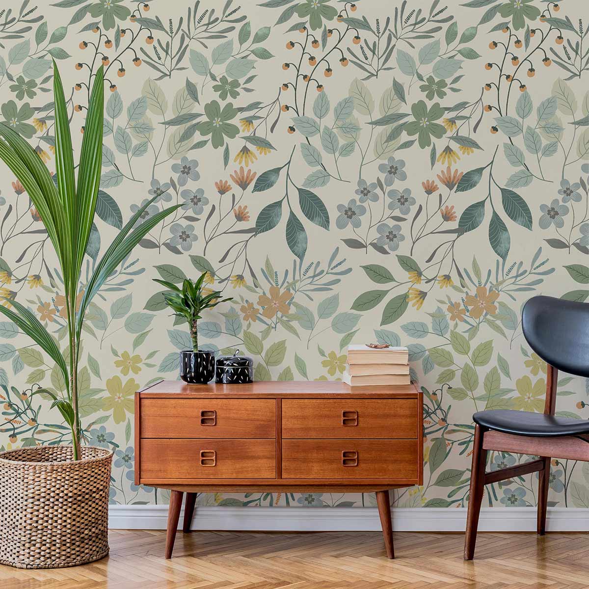 Vintage botanical floral wallpaper in soft green, mid-century wooden dresser, parquet flooring, minimalist chair.
