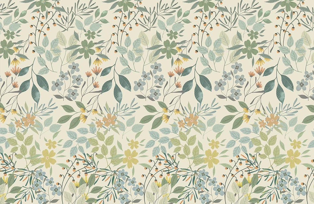 Vintage Botanical Floral Wallpaper in Soft Green and Earth Tones Design