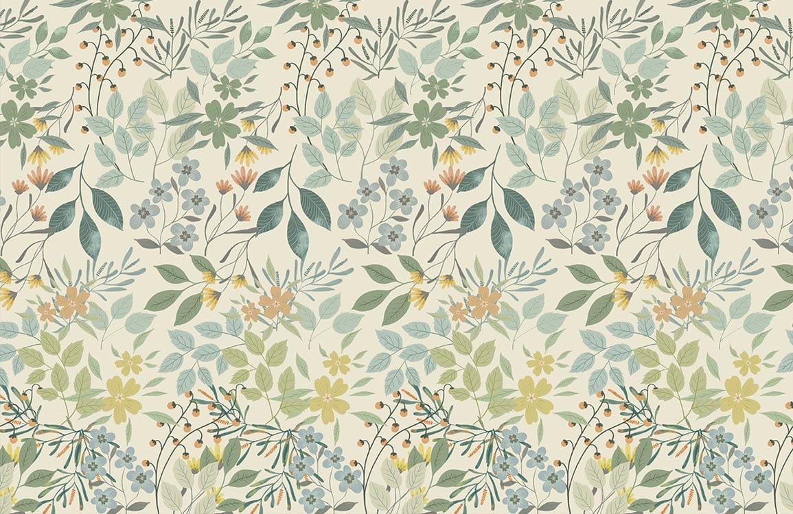 Vintage Botanical Floral Wallpaper in Soft Green and Earth Tones Design