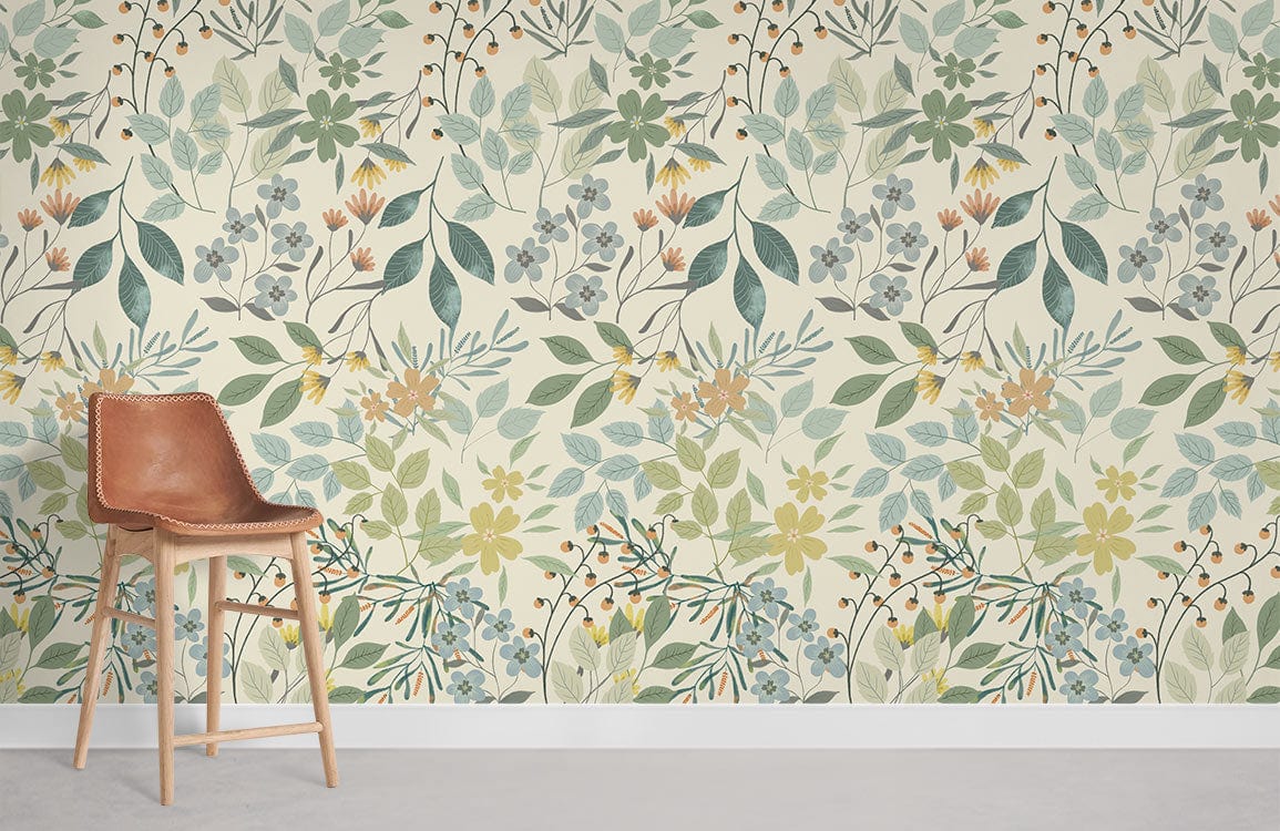 Vintage botanical floral wallpaper in soft green earth tones featuring modern wooden stool on grey floor.
