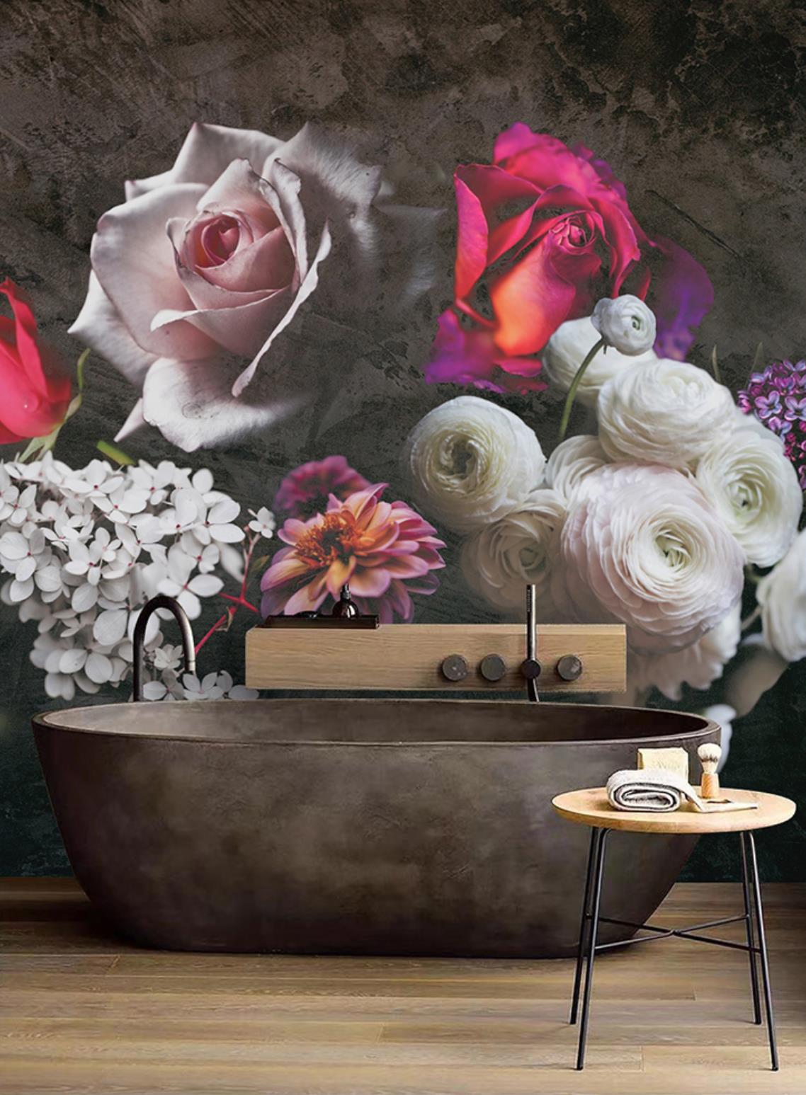 Elegant Floral Blooms Wallpaper, dark bathtub, wooden flooring, bathroom setting, multicolour floral mural.