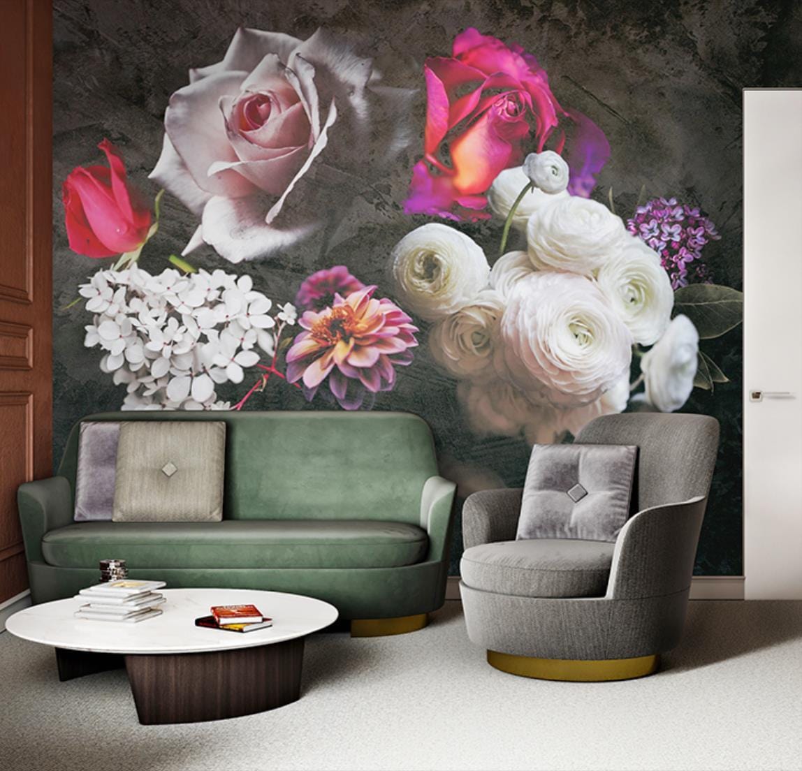 Elegant Floral Blooms Mural Wallpaper highlights lush multicolour hues; complements green sofa, round table.