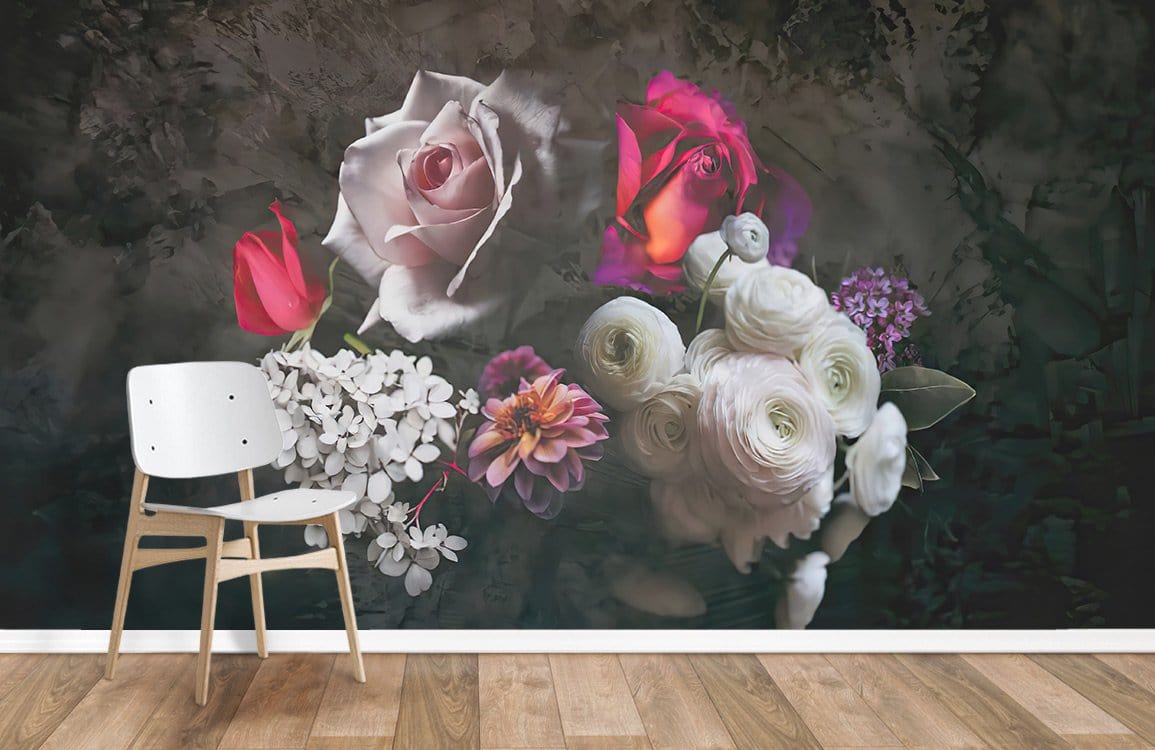 Elegant Floral Romantic Blooms Mural Wallpaper, multicolour; wooden flooring, white chair, dark background.