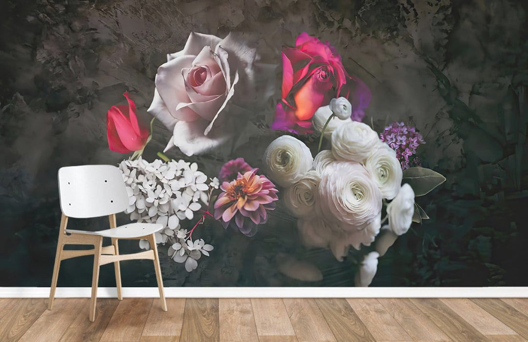 Elegant Floral Romantic Blooms Mural Wallpaper, multicolour; wooden flooring, white chair, dark background.