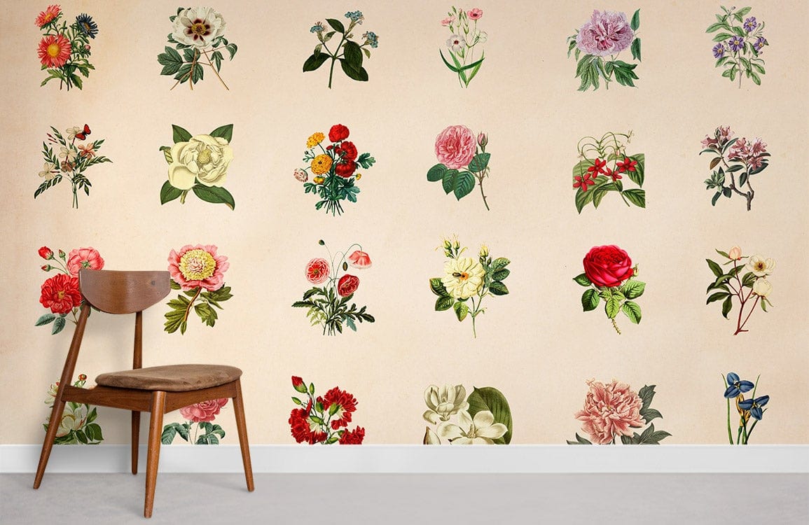 Vintage floral wallpaper with soft pastel colours, elegant botanical design, wooden chair, minimalist decor.