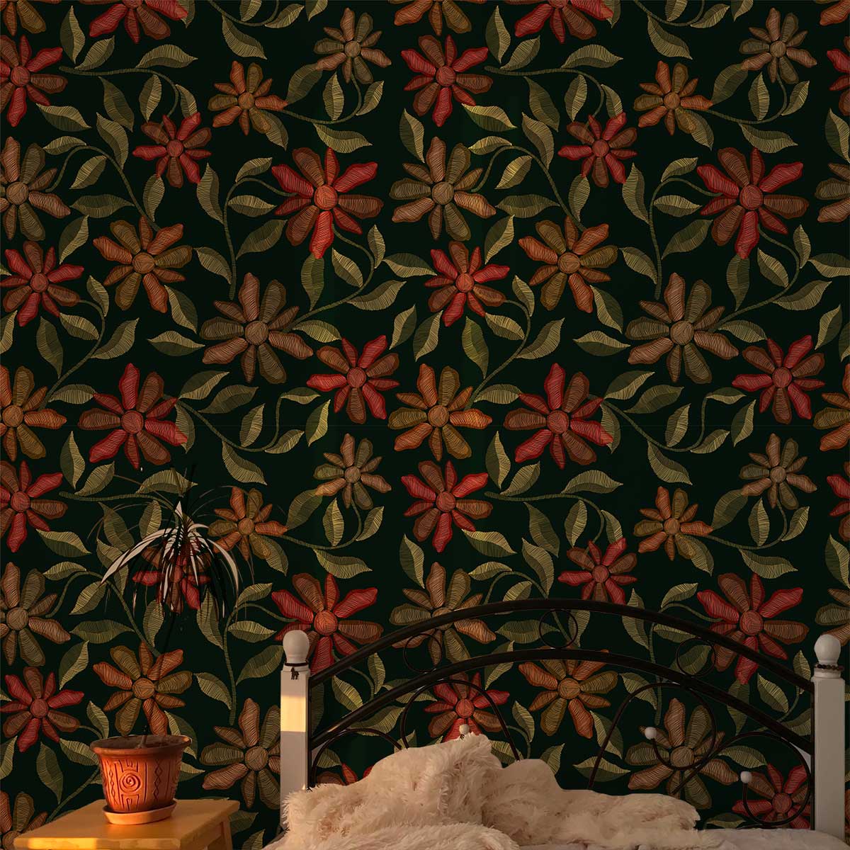 Autumn Floral Elegance Dark Green Vintage Wallpaper in bedroom with iron bedframe, enhancing cosy decor.