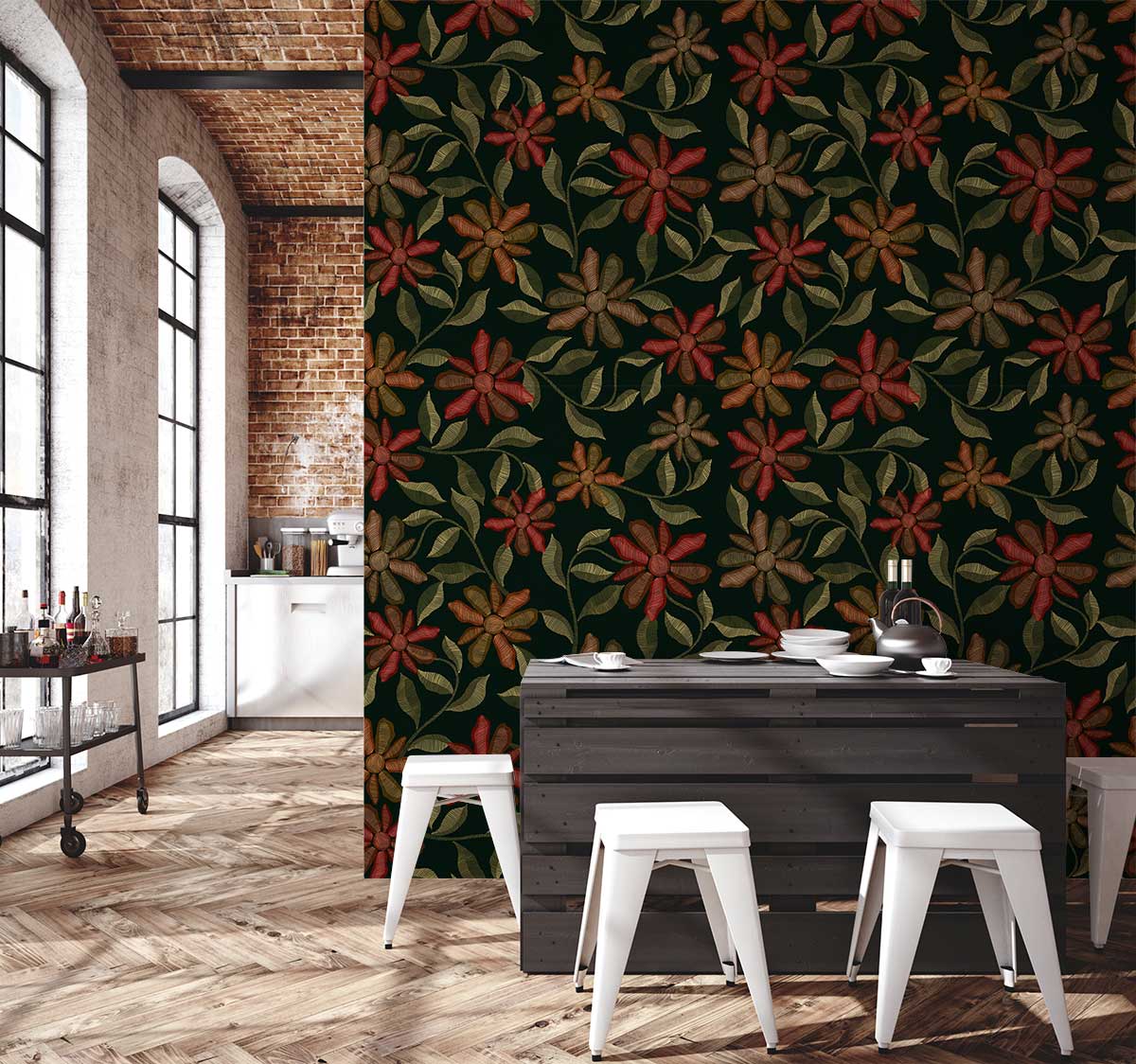 Autumn Floral Elegance Dark Green wallpaper in modern kitchen with brick walls and wooden flooring.