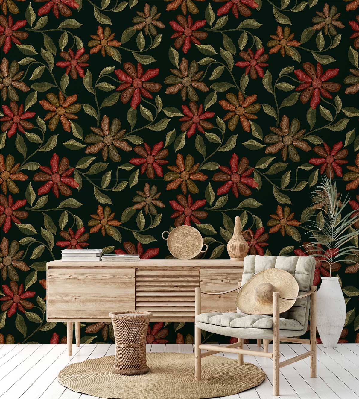 Autumn Floral Elegance wallpaper in dark green with vintage botanical design; rustic furniture and decor.