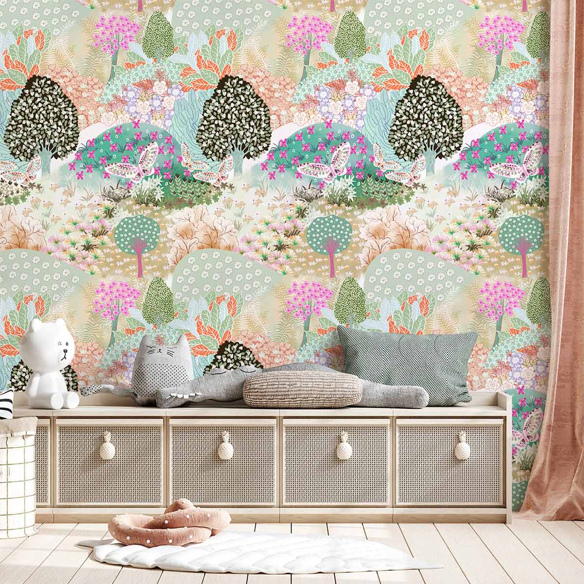 Pastel Dreamscape Garden Mural Wallpaper in nursery with wooden bench and playful animal cushions.