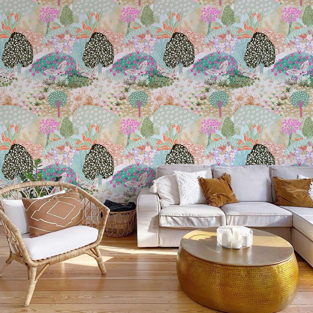 Pastel Dreamscape Garden Floral Mural Wallpaper, serene design, beige sofa, rattan chair, wooden flooring.
