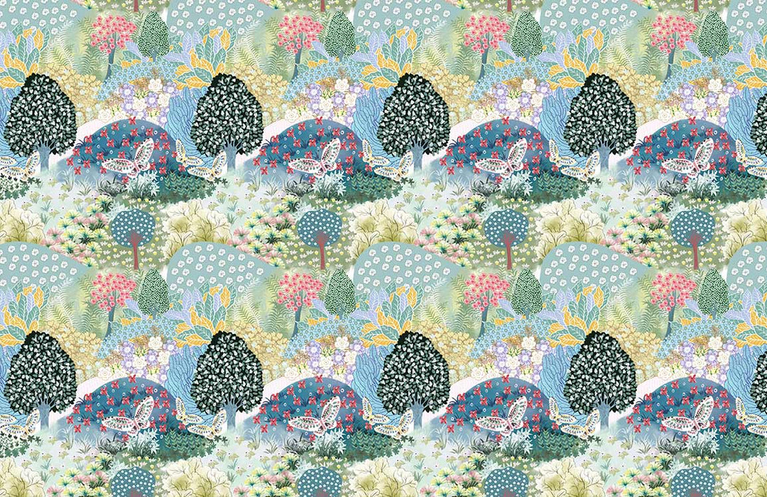 Vibrant Pastel Woodland Landscape Pattern Wallpaper for Contemporary Decor