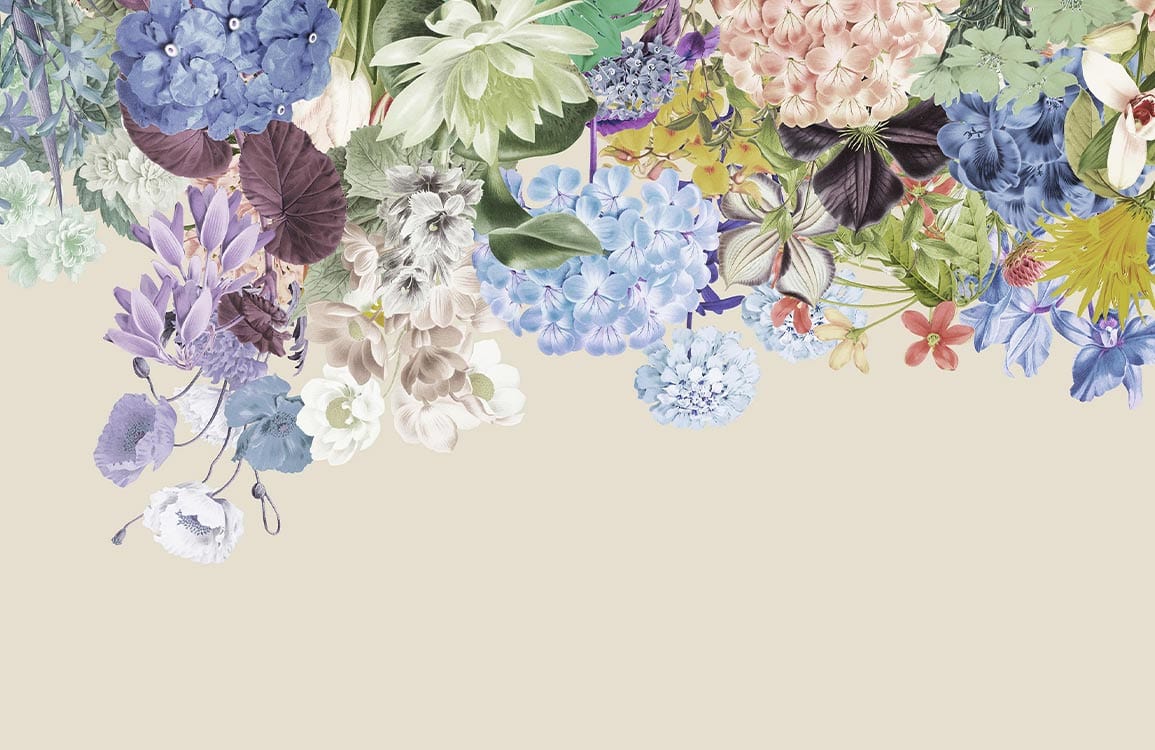 Pastel Floral Garden Mural Wallpaper: Elegant Botanical Design in Soft Hues