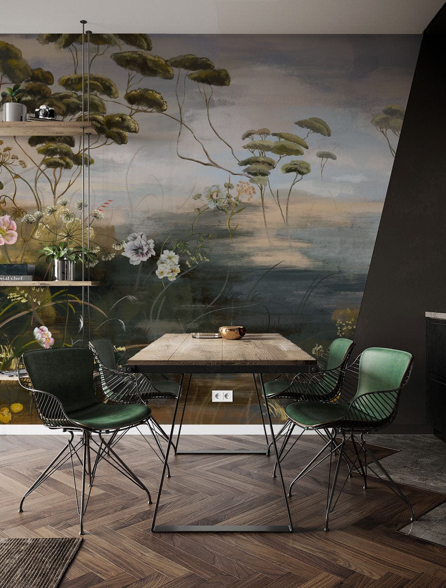 Dining room with Tranquil Vintage Nature Mural Wallpaper; wooden table, dark green chairs, herringbone floor.
