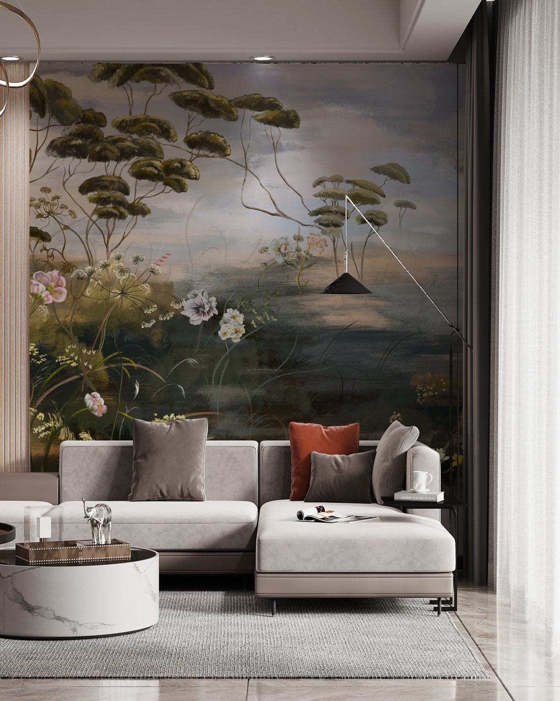 Tranquil mural wallpaper with vintage design behind modern sofa, marble coffee table, earthy room decor.