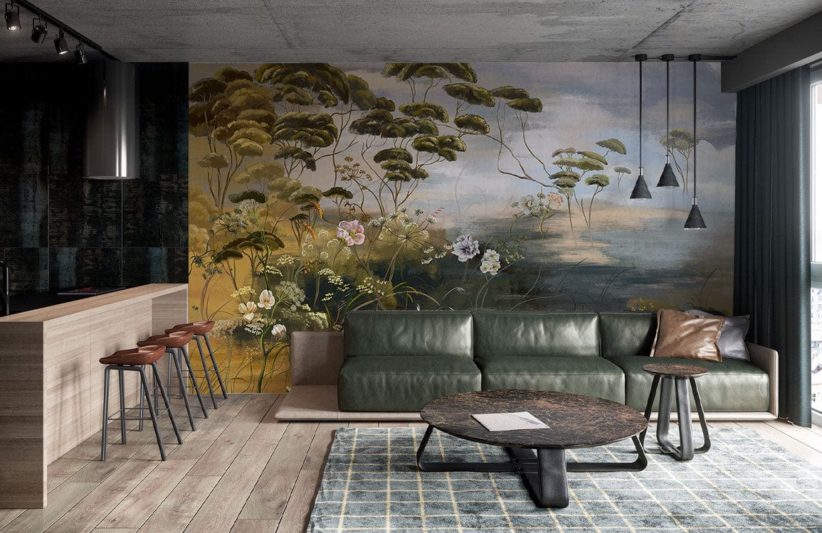Vintage wallpaper mural, green leather sofa, modern pendant lights, wooden flooring, contemporary living room design.