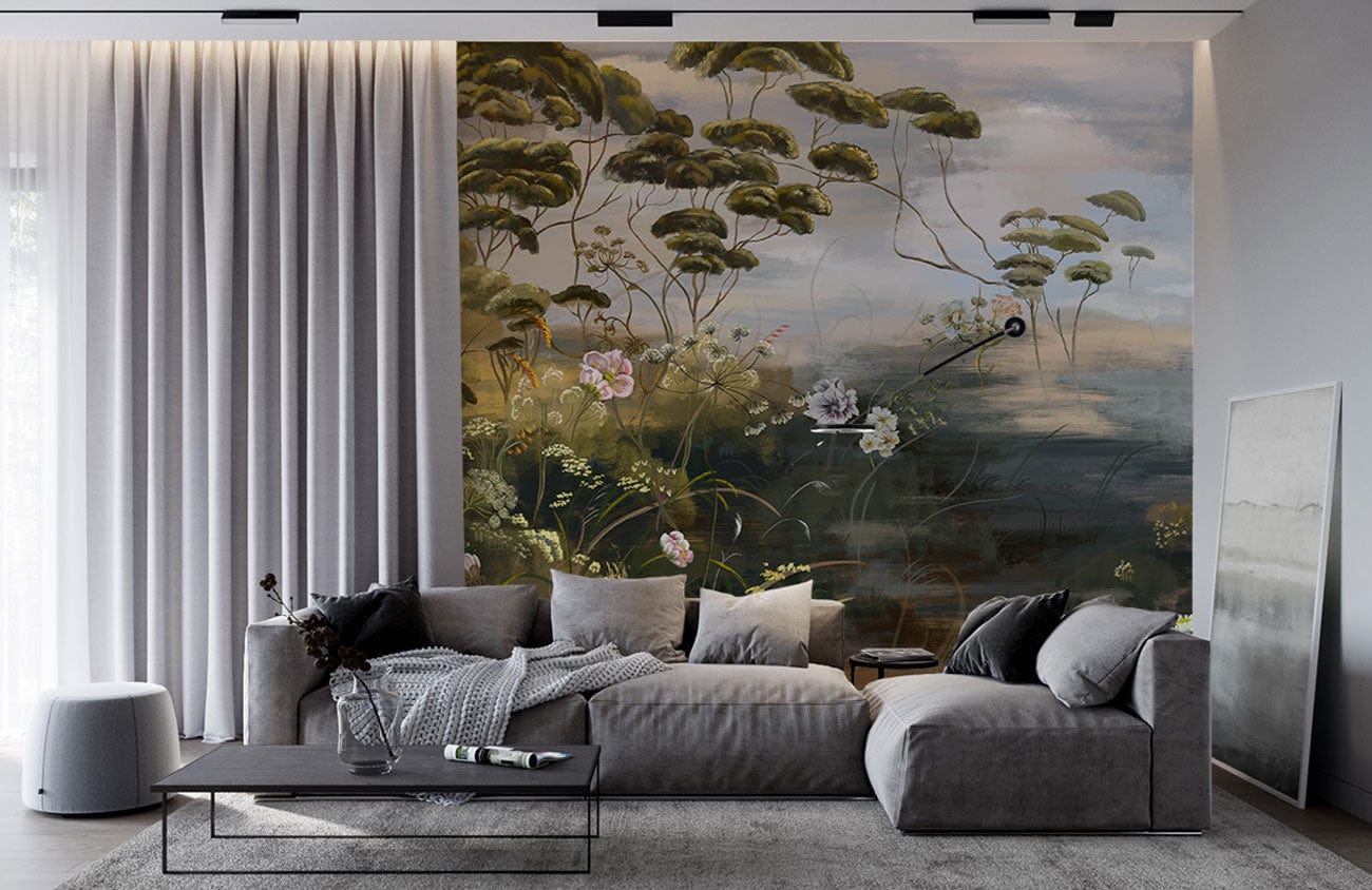 Tranquil Vintage Nature mural wallpaper in pastel tones, grey sofa, elegant curtains, minimalist living room.
