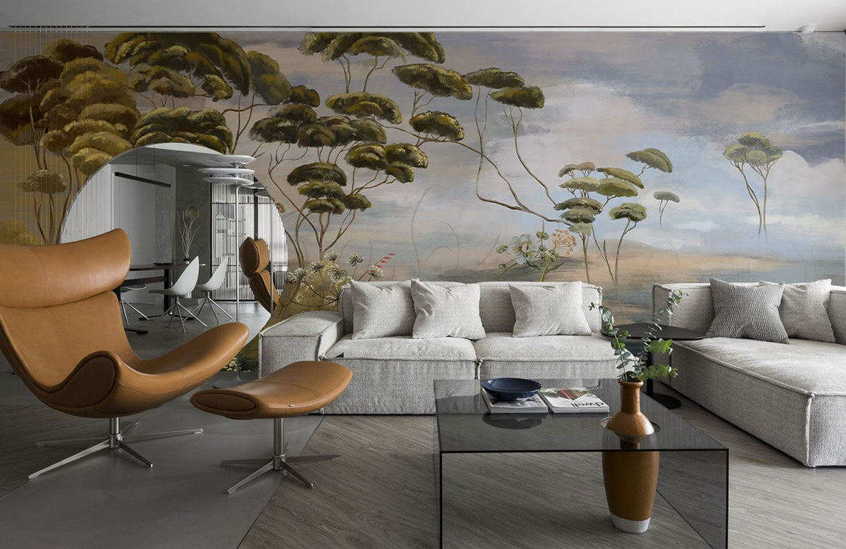Tranquil vintage mural wallpaper in earthy tones, grey sectional sofa, tan leather chair, modern lounge.