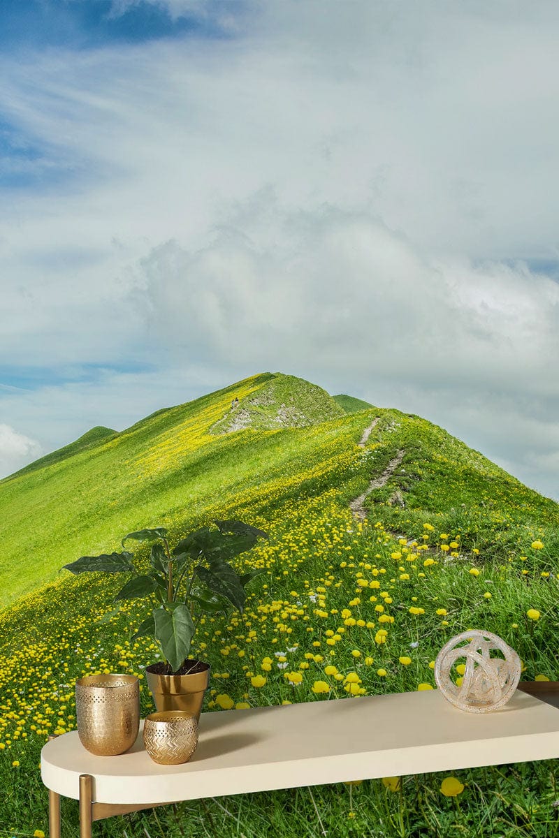 Serene Green Mountain Pasture Mural Wallpaper with Yellow Wildflowers Bliss, gold decor, light table.