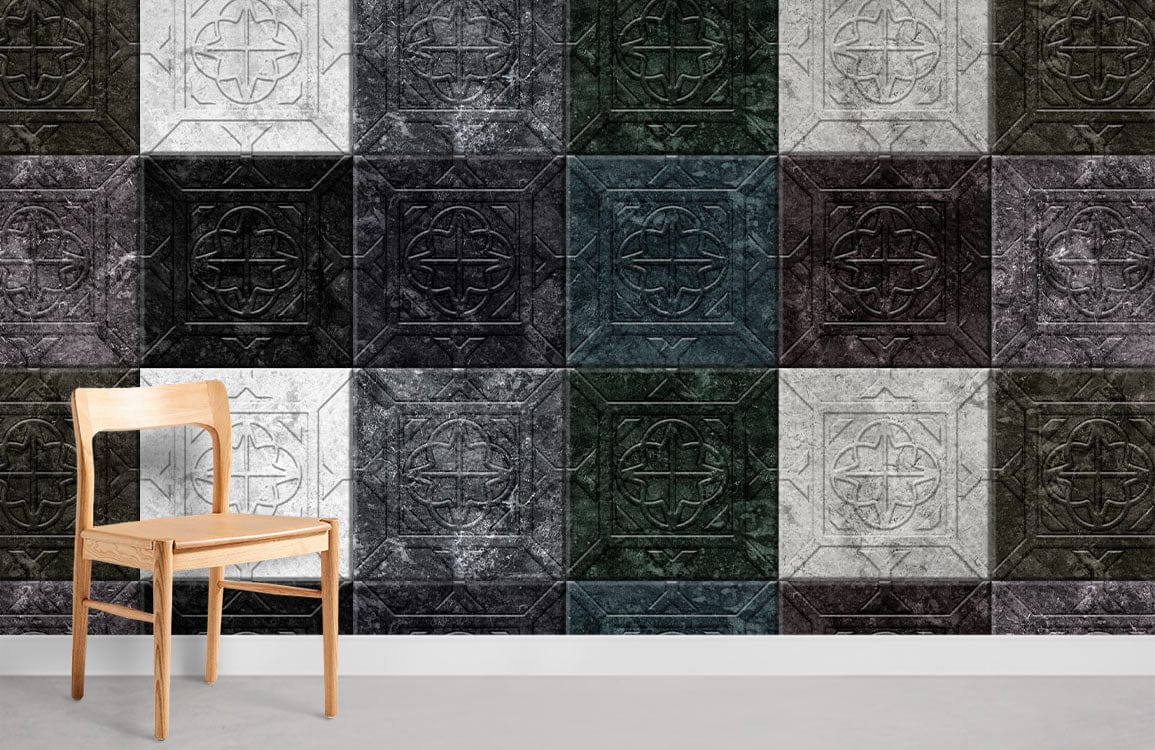 Vintage geometric stone tile wallpaper with multicolour shades, wooden chair, grey flooring, elegant design.