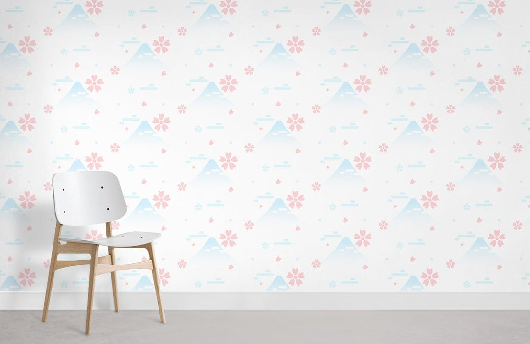 Tranquil pastel mountain and cherry blossom wallpaper in modern room with white chair, grey flooring.