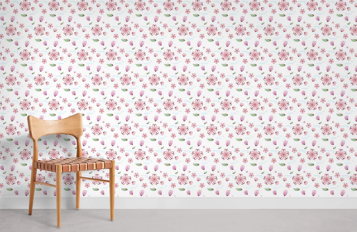 Pink floral wallpaper in vintage style, wooden chair, grey floor in minimalistic room setting.