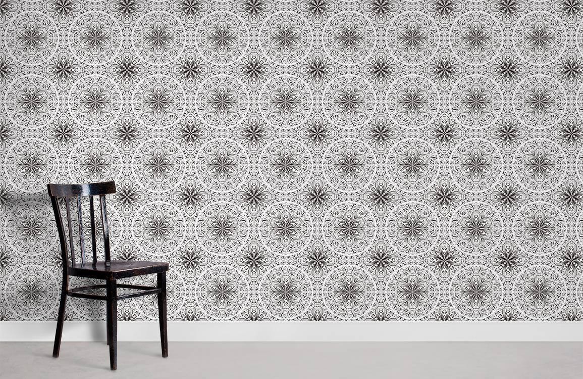 Elegant Monochrome Mandala Pattern Wallpaper with dark wooden chair on light grey floor.