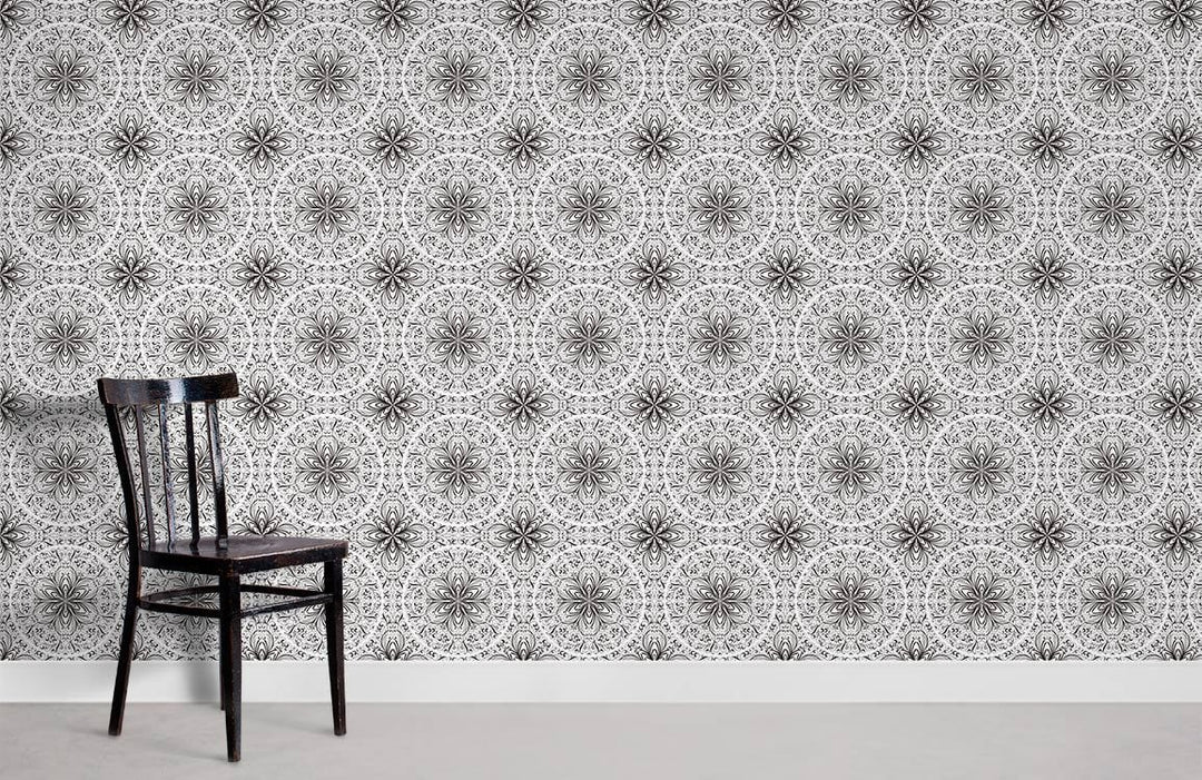 Elegant Monochrome Mandala Pattern Wallpaper with dark wooden chair on light grey floor.