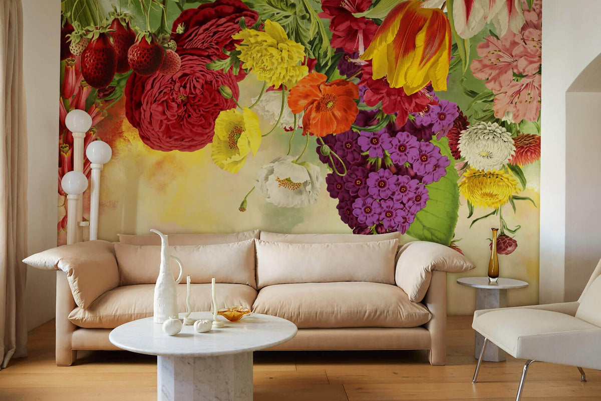 Colourful Vintage Floral Garden Mural Wallpaper with vibrant blooms, cream sofa, marble table, wooden flooring.