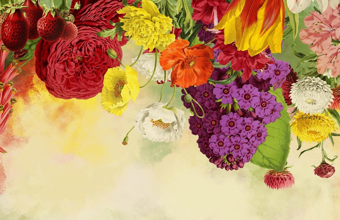 Colourful Vintage Floral Garden Mural Wallpaper with Vibrant Blooms Design