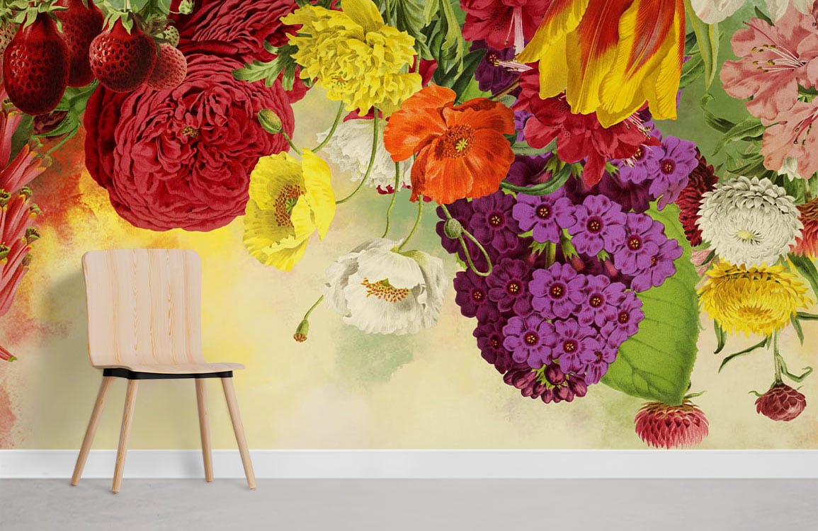 Alt text: Vintage floral garden mural wallpaper with vibrant blooms, light wood chair, grey flooring.