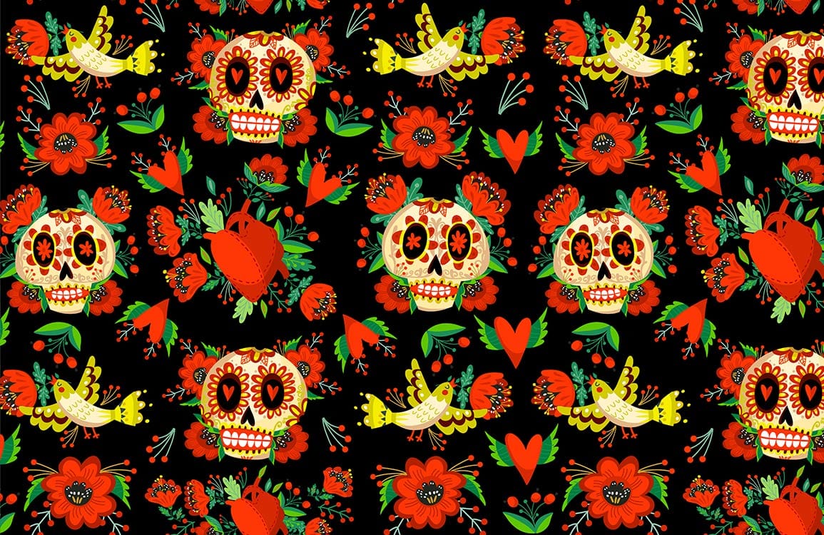 Vibrant Mexican Sugar Skull Patterned Wallpaper - Rustic Bold Colours