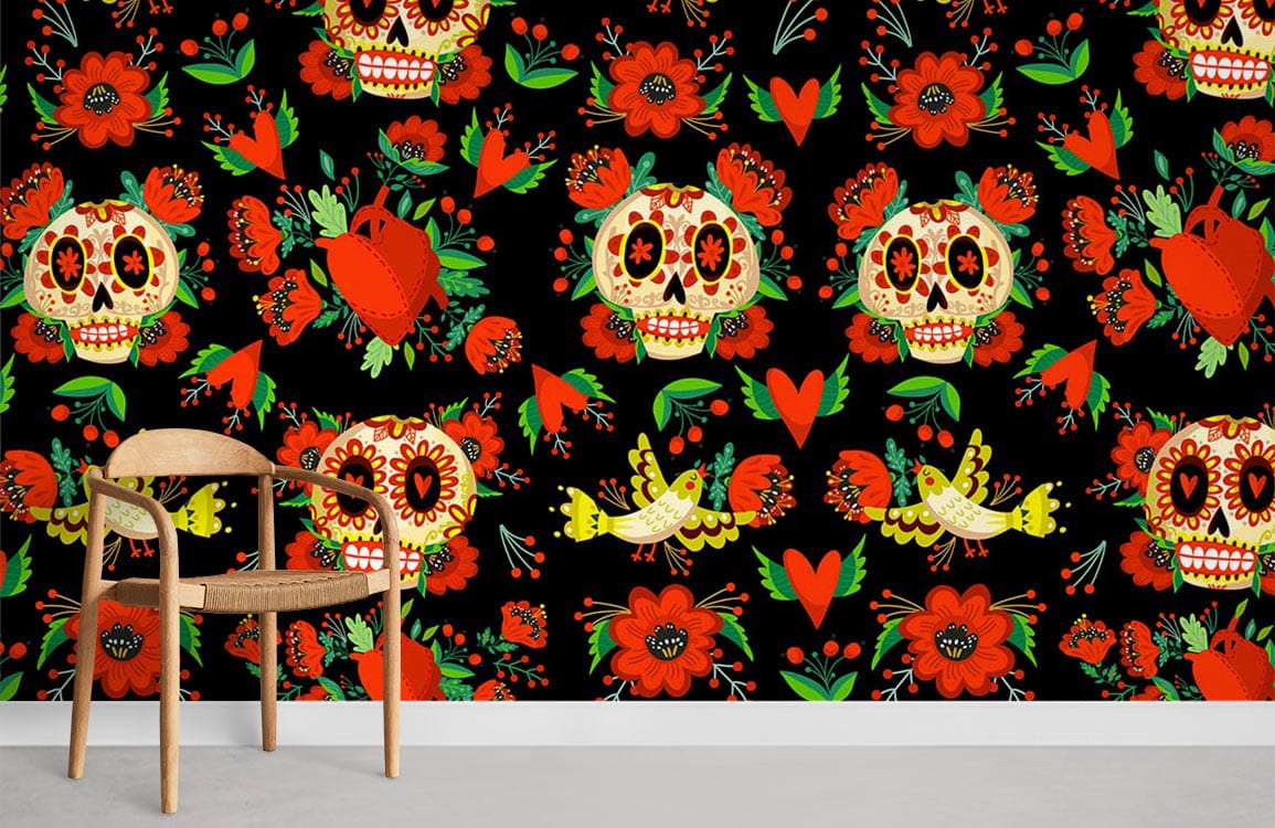 Vibrant Mexican Sugar Skull wallpaper in rustic colours with wooden chair, grey floor in modern room.