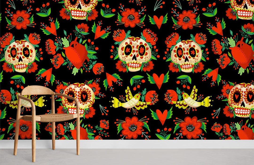 Vibrant Mexican Sugar Skull wallpaper in rustic colours with wooden chair, grey floor in modern room.